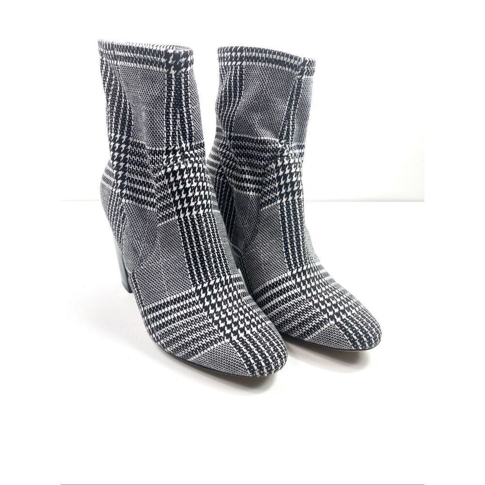 ALDO Lovelee Houndstooth Plaid 3.5” Block Heel Back Zip Ankle Boots Stretch Size